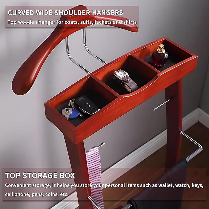 Suit Valet Stands for Women and Men Wooden Suit Valet Stand with Contour Hanger Trouser Bar and Top Storage Tray Contour Hanger Chair Valet for Entryway Bedroom(A)