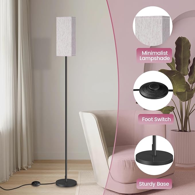 64.6" Floor Lamp, Pole Lamp with Foot Switch, Modern Standing Lamp, Minimalist Freestanding Lamp (Bulb Not Included), for Living Room, Bedroom, ETL Listed, Black and Taro Purple AZ07LD05