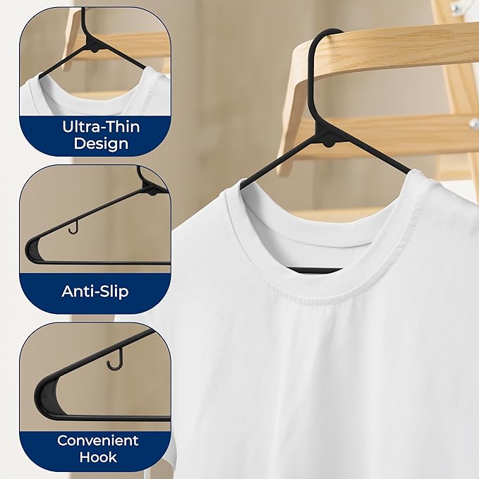 SereneLife Black Plastic Hangers 10 Pack - Clothes Hangers with Non Slip Hooks, Sturdy, Durable & Space Saving Coat Hanger, Light-Weight and Ultra-Thin, Perfect Closet Organizer for Everyday Use