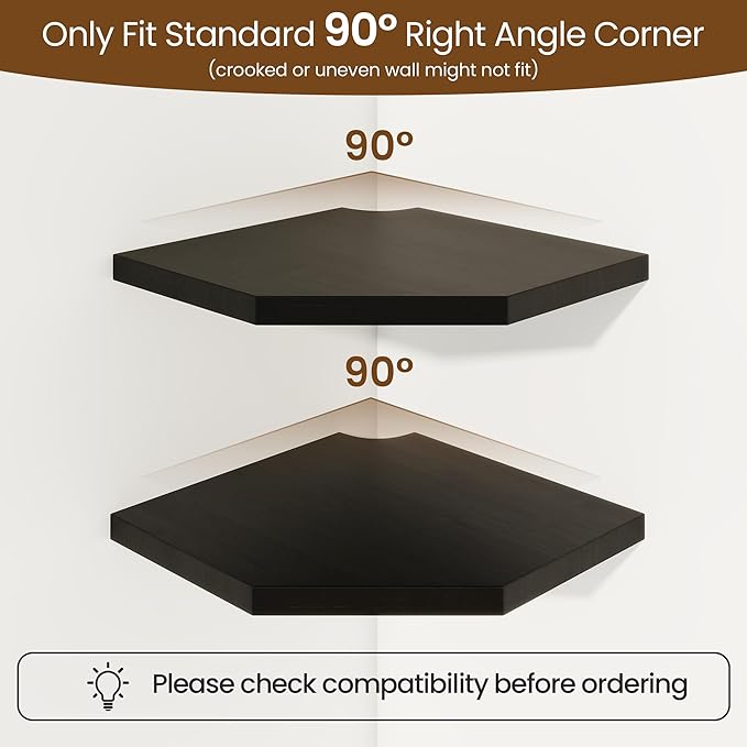 Fun Memories Corner Shelf Wall Mount Set of 2 - Solid Oak Wood Floating Corner Shelf with Cable Hole, 8.5in Rustic Design for Bedroom, Living Room, Kitchen (Black)