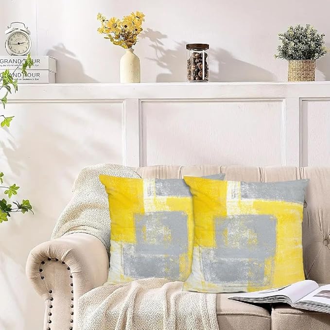 Yellow Abstract Art Artwork Pillow Cover, Gallery Modern Decorative Throw Pillows Cushion Cover for Bedroom Sofa Living Room 22 x 22 Inch Set of 2