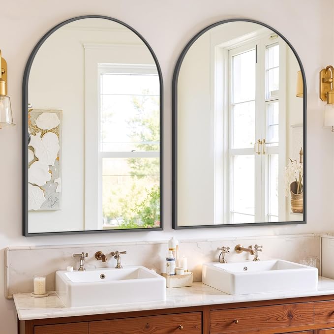 Bathroom Mirror for Wall, 38x26 Inch Arched Mirror, Matte Black Metal Framed Bathroom Vanity Mirror for Restroom Farmhouse, Anti-Rust, Tempered Glass, Hanging or Leaning