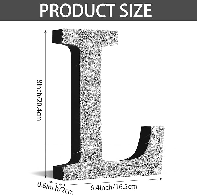 Qunclay 8'' Silver Crystal Diamond Bling Letters Crushed Diamond Decoration Wooden Glitter Letter with Screw and Hooks Rhinestone Gift for Wedding Y2k Mcbling Bedroom Wall Decor (Letter L)