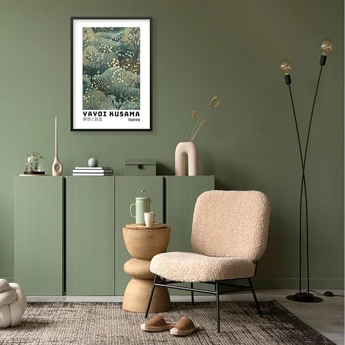 Yayoi Kusama Inspired Poster Japanese Botanical Wall Art Abstract Yayoi Kusama Print Modern Ukiyo-e Japanese Gallery Wall Decor 8x10in Black Framed for Home Bedroom Decorations