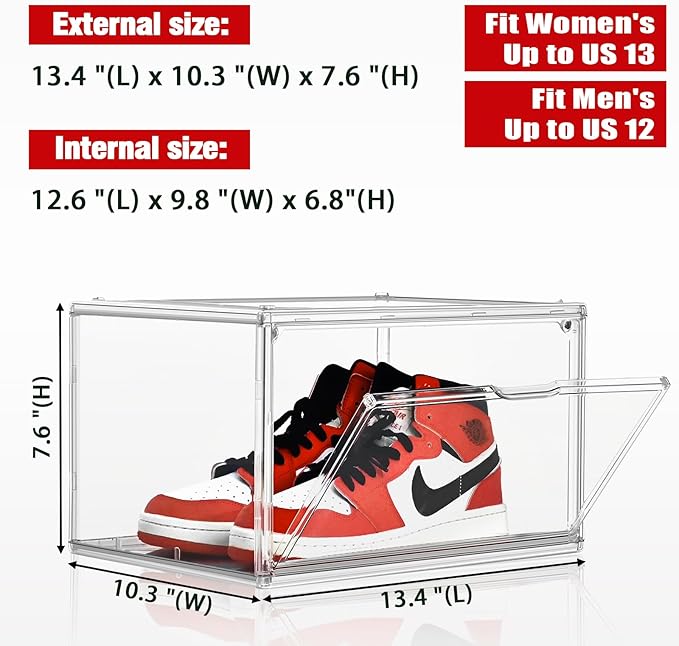Size 12 Acrylic Shoe Boxes,12 Pack Shoe Display Cases Clear Plastic Stackable Shoe Container Hat Sneaker Storage Bins, Fit Up to US Men's/Women's Size 12 Shoes