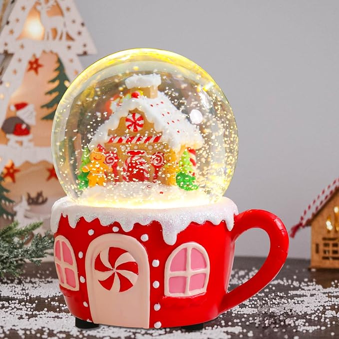 Christmas Snow Globe Musical Gingerbread Men House Christmas Tree Water Snow Globes with 7 Colors Light Change Music Box Home Christmas Decor for Kids
