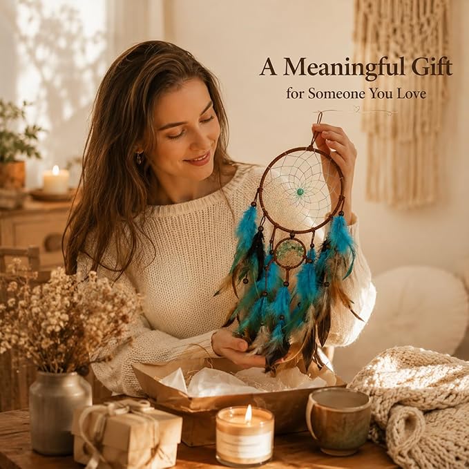 AWLEE Dream Catchers Tree of Life with Handmade Feather Blue Dreamcatcher for Kids Boys Bedroom Wall Hanging Decor Nursery Wall Art Ornament Craft Decoration