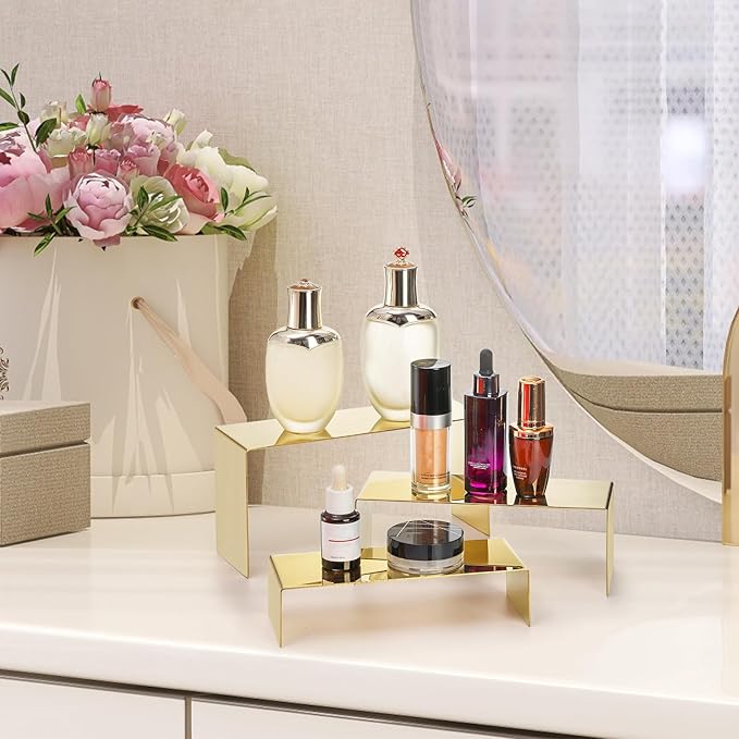 Hedume Set of 3 Shoe Handbag Display Stand, Gold Stainless Steel Purse Display Risers, Countertop Risers for Perfume Handbag Shoe Jewelry Holder