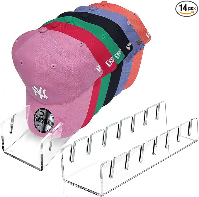 Hat Organizer for Baseball Caps, 2 Pcs No Install Acrylic Hat Stand for 14 Baseball Caps, Hat Racks for Caps Display and Organizer for Bedroom, Closet, Dresser, Office, Hat Holder