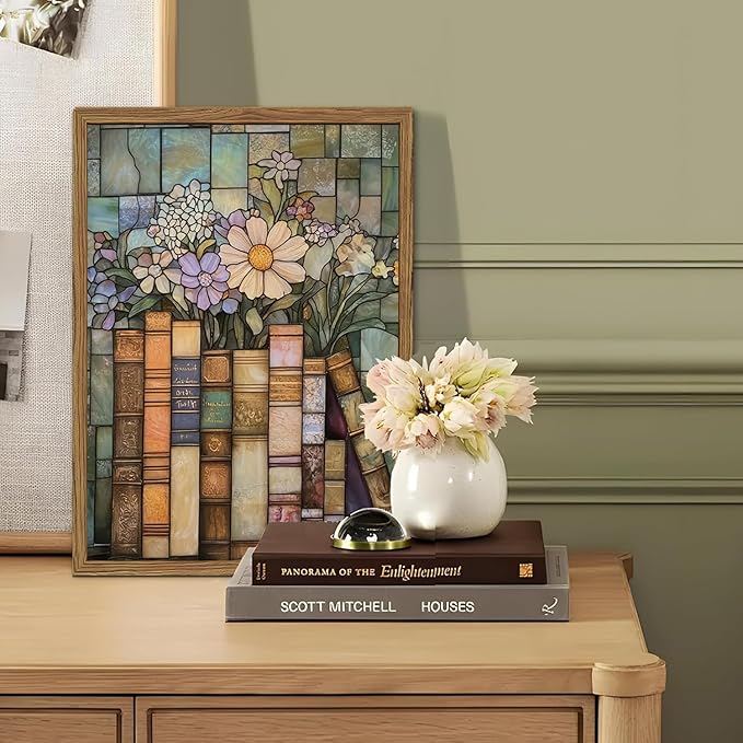 YYNISPIN Vintage Book Wildflower Wall Art Moody Stained Glass Book Lover Wall Decor Painting, Whimsical Reading Nook Library Poster Canvas Prints for Cottage Bedroom Living Room 16x24 inch Frame