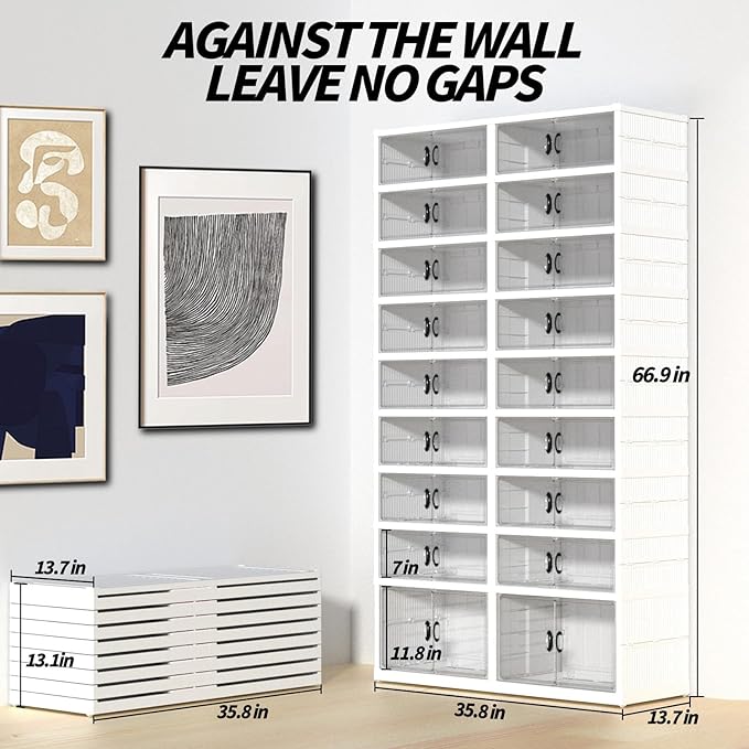 FAHKNS Foldable Shoe Rack, Transparent Shoe Boxes with Magnetic Double Doors, Shoe Organizer Storage for Entryway/Bedroom/Cloakroom, Large Shoe Cabinet with Hidden Bottom Roller 9 Tiers 4 Row (White)