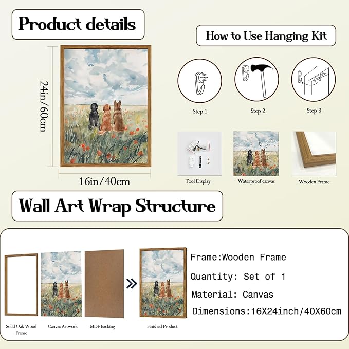 Framed Dog Canvas Wall Art, Cute Three Dogs in Flower Field Pictures Wall Decor, Rustic Farmhouse Animal Nature Paintings Prints Home Decor for Living Room Bedroom Bathroom 16x24 inch