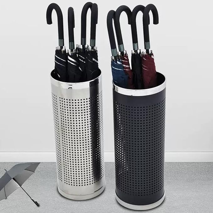 LINKIO Entrance Free-Standing Umbrella Stand Metal Round Umbrella Stand Rack, Freestanding Umbrella Bins Bucket Cane Holder for Umbrella, Cane, Walking Stick Long Umbrella Cane Stand (Color : Silver)