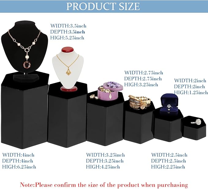 Jetec 12 Pcs Hexagonal Jewelry Display Risers Hexagonal Market Display Risers Stands Acrylic Showcase Acrylic Stand for Jewelry Model Figures Decoration, 6 Sizes (Black)