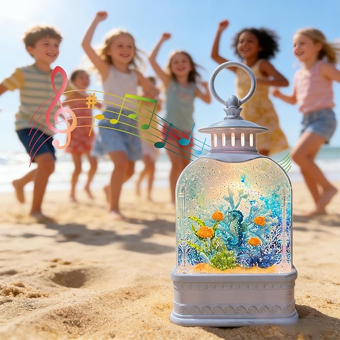 Ocean Themed Snow Globe Lantern with Music - USB or Battery Powered Light Up Water Lantern with Seahorse - Swirling Glitter Water Globe for Summer Costal Ocean Decor Gift for Ocean Lover (Seahorse)