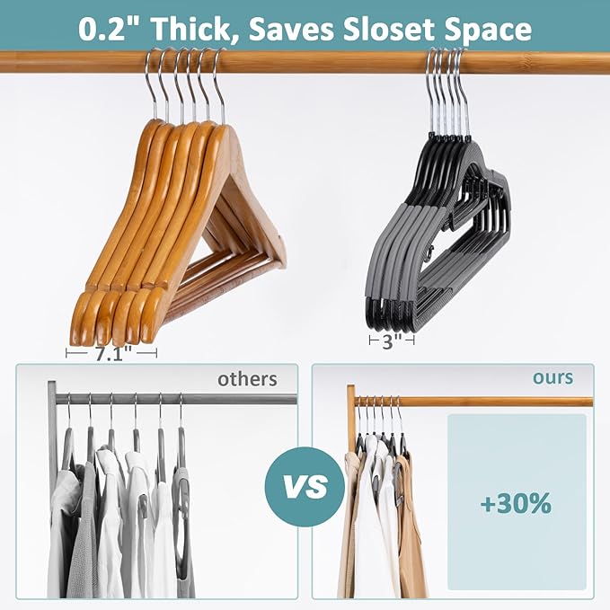 Heavy Duty Plastic Clothes Hangers, Space Saving Hangers 30 Pack, Non-Slip, 0.2 Inches Slim, 360° Swivel Silver Hook for Shirts, Pants & Wet/Dry Garments, Black and Dark Gray