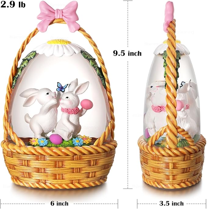 Easter Snow Globe Bunny Snow Globe Basket with Timer, USB and Battery Powered, Easter Decorations for Home Eggs Basket