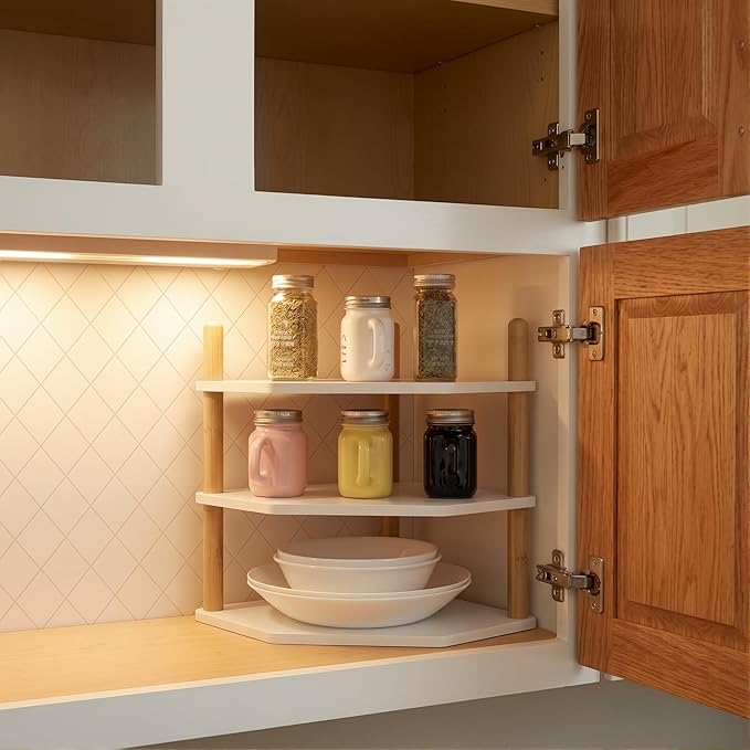 3-Tier Expandable Bamboo Corner Shelf - Dish/Plate Organizer for Cabinet, Kitchen Counter Shelf & Small Kitchen Shelf, Adjustable (White, 1-Pc 3.90" H)