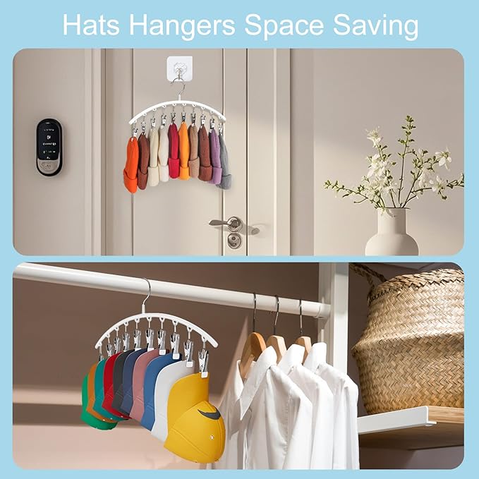 Hat Hangers for Closet, Metal 2 Pack Hat Organizer Holder for Hanger Closet Display, Hat Racks for Baseball Caps w/10 Clips, Hat Holder for Ball Caps & Accessories, for Men Women, White