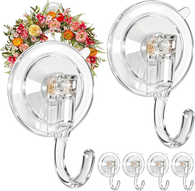 6 Pcs Suction Cup Wreath Hangers for Front Door, Removable Clear Wreath Hooks for Glass Door, Window, Tile Wall, Heavy Duty No-Damage Holiday Decor Hangers for Easter, Halloween, Christmas