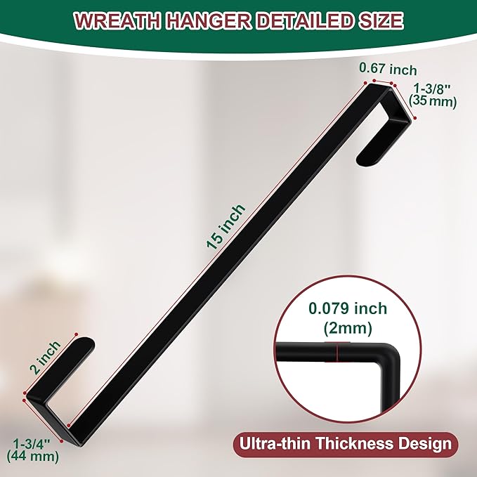 15" Reversible Wreath Hanger for Front Door, Fits Most Doors up to 1-3/4", Heavy Duty Steel Over The Door Hooks Hold up to 80 LBS for Spring & Easter Wreaths, Seasonal Door Decor (Black 1 Pack)