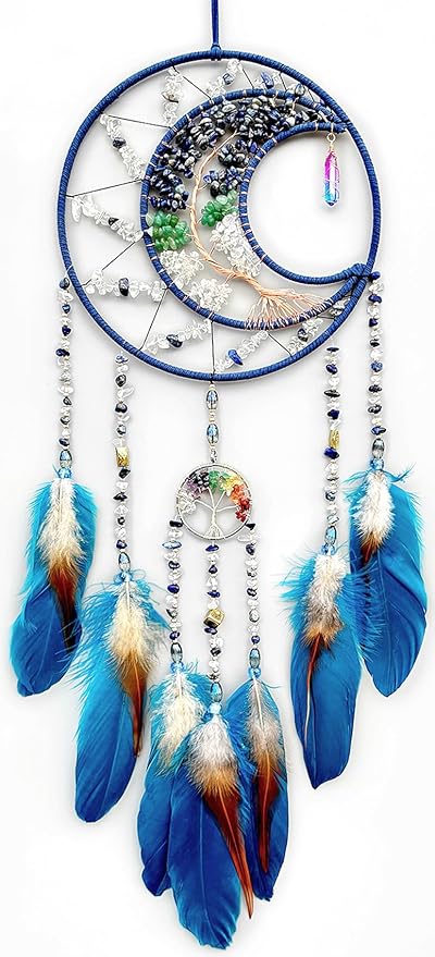 Tree of Life Dream Catchers, Handmade Woven Rainbow Healing Crystal Stone Dream Catcher Wall Hanging Ornament for Bedroom Living Room Wedding Party Decor, Festival Blessing Gift (Blue Moon)