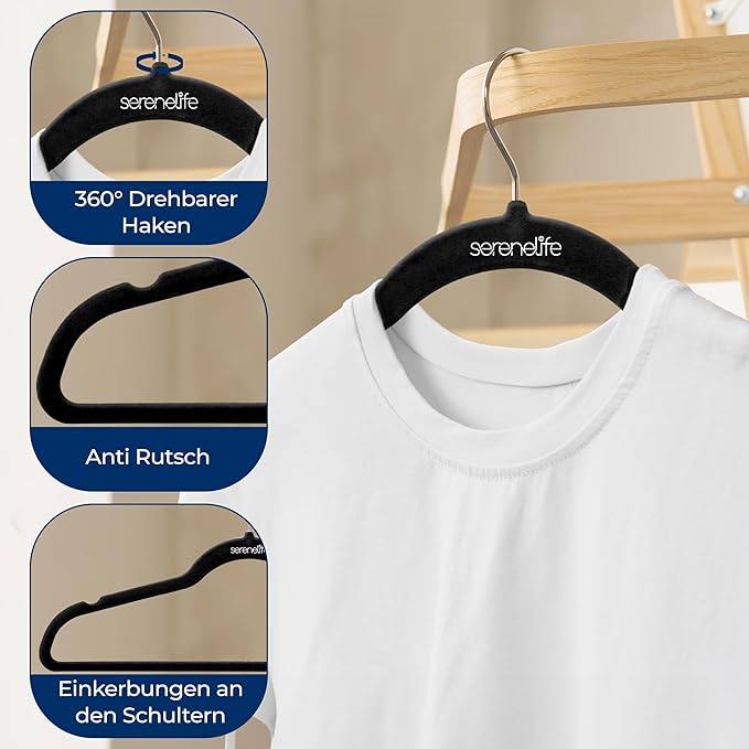 SereneLife Premium Non-Slip Velvet Hangers-Space Saving Heavy Duty Slim Suit Clothes Hanger Set with 360 Degree Swivel Metal Hook,Can Hold Up to 10 Lbs.for Coats, Jackets,Pants & Dress (50-Pack),Black