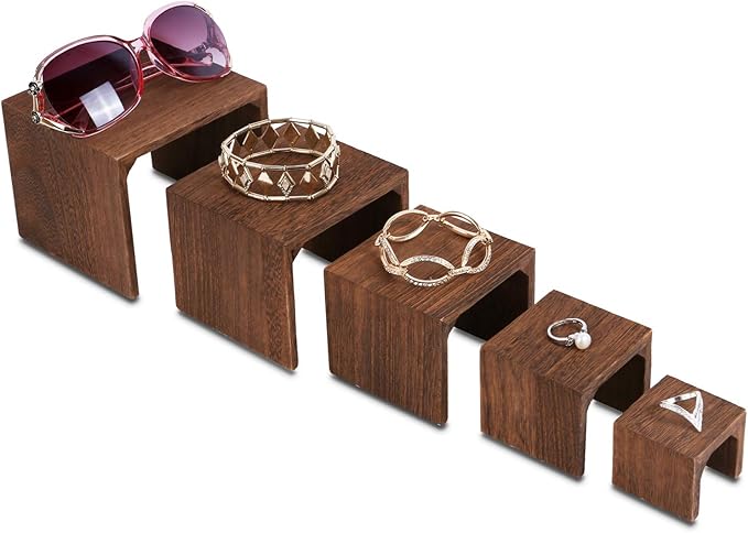 MOOCA 5-Piece Wooden Jewelry Display Risers - Multi-Function Retail Stands for Rings, Watches, Necklaces, Bracelets, and More - Various Heights, Brown Color