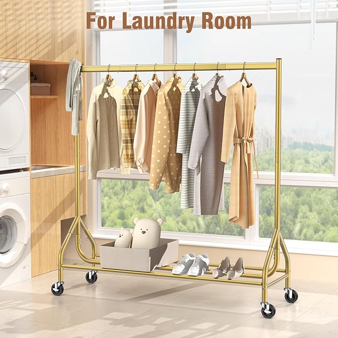 EAGMAK Heavy Duty Clothes Rack Load 420 LBS, Rolling Garment Rack with Lockable Wheels, Standing Metal Clothing Rack, Portable Wardrobe Sturdy Coat Rack for Hanging Clothes (Gold, 59″×18.9″×63″)