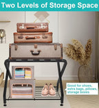 Folding Luggage Rack with 2-tiers Storage Shelf, Foldable Steel Frame Luggage Organizers for Suitcase, Metal Luggage Holder for Guest room, Bedroom, Hotel, Closet, Black, 1pack