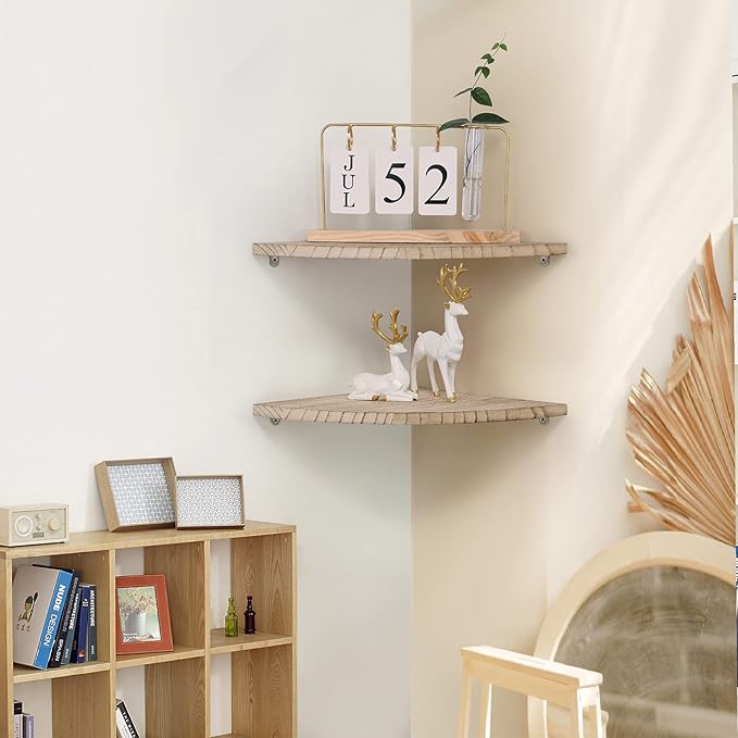 JORIKCHUO 10 inch Corner Wall Shelf, Set of 2 Solid Wood Corner Floating Shelves for Wall, Round End Wall Mounted Floating Corner Shelf for Bedroom, Living Room and Kitchen (Carbonized-10 inch)