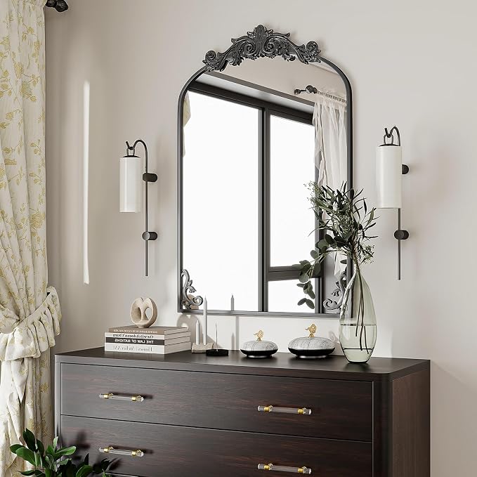VooBang 26x38 inch Vintage Arched Bathroom Mirror - Gorgeous Wall Vanity Mirror with Beautiful Retro Top and Bottom Engraving Process Frame for Entryway Hallway Living Room, Black
