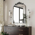 VooBang 24x36 inch Vintage Arched Bathroom Mirror - Gorgeous Wall Vanity Mirror with Beautiful Retro Top and Bottom Engraving Process Frame for Entryway Hallway Living Room, Black