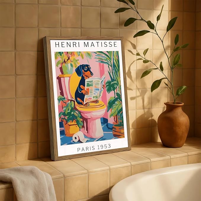 Funny Dachshund Bathroom Wall Art Henri Matisse Dog Bathroom Wall Decor Picture, Cute Puppy Animal Reading Newspaper in Toilet Poster Painting Canvas Print 12x16 inch Wood Framed