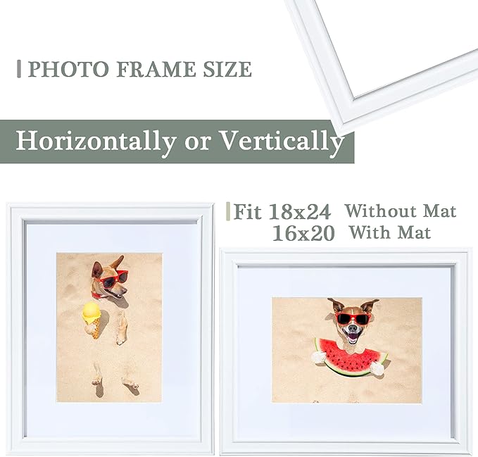 18x24 Picture Frame White Matted to 16x20 Photo, Oak Wooden Frame 18 x 24 photo for Wall, Minimalist Wood Poster Frame18 by 24 with Real Glass 18"x24"Art Frame for Home Decor Gifts