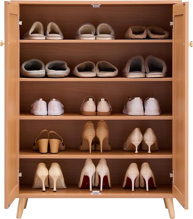 VEVOR Rattan Shoe Cabinet, 5 Tiers Shoe Storage Organizer with 2 Doors and Adjustable Shelves, 40.35" Tall Rattan Shoe Storage Entryway Cabinet Ideal for Entryway, Closet, Hallway, Light Wood Color