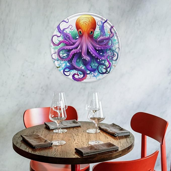 Wall Picture, with Colorful Octopus Printed Circular Iron Hanging Picture,Wall Art Decor,Home for Bedroom Living Room Bathroom Decor,Iron Painting 11.8X11.8 in