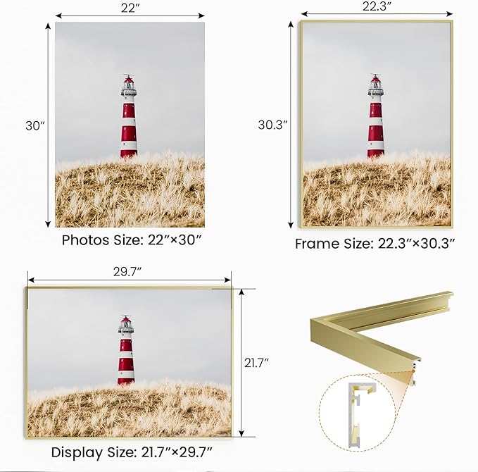 22x30 Aluminum Metal Picture Frame,Tempered Glass Gold Photo Frame 22x30 for Family Photo,Posters,Art,Document to Wall Mount Horizontally or Vertically