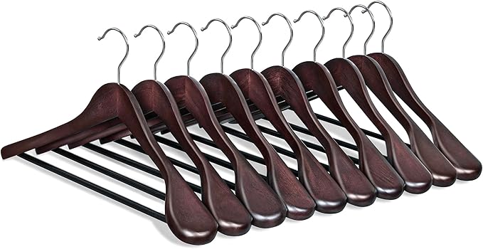SONGMICS Extra Wide Wooden Suit Hangers, Set of 10 Clothes Hangers, Swivel Hooks, Non-Slip Bars, for Outfits, Suits, Coats, Shirts, Dresses, Mahogany UCRW050MZ01