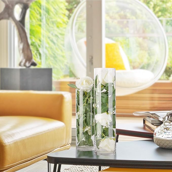 WGVI Quality Thick Weighted Clear Cylinder Glass Vases, 4" W x 10" H, Flower Arrangement Floating Candle Holders Wedding Centerpieces Terrarium Planter Floral Storage Container, Bulk Wholesale, 6 Pcs