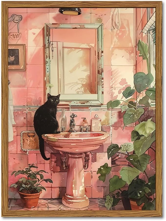 Framed Funny Bathroom Black Cat Wall Art, Vintage Cute Cat on Sink Pictures Wall Decor, Humor Animal Watercolor Paintings Canvas Prints for Restroom 12x16 inch