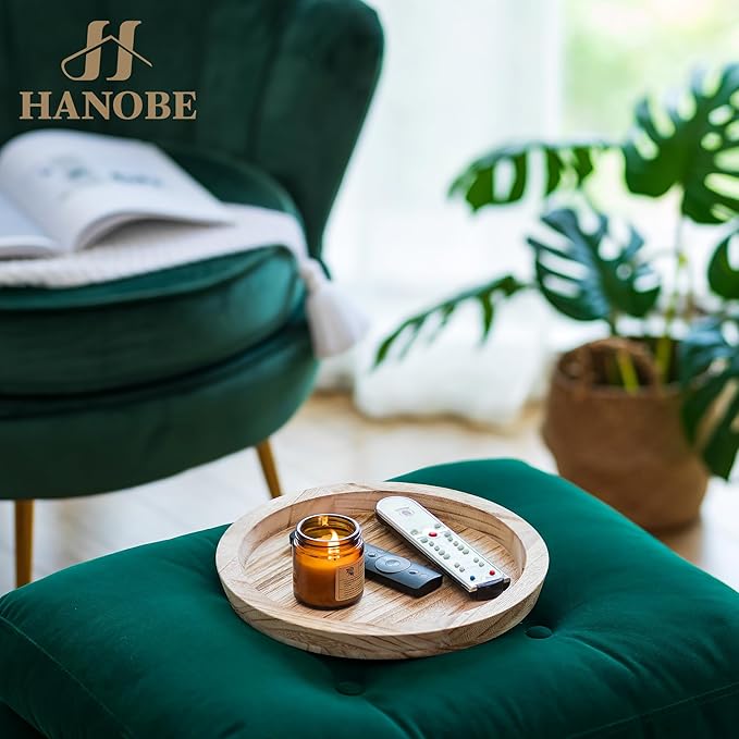 Hanobe Wooden Tray for Coffee Table: Candle Holder Plate Round Decorative Serving Tray - Vintage Table Centerpiece Rustic Farmhouse Home Decor