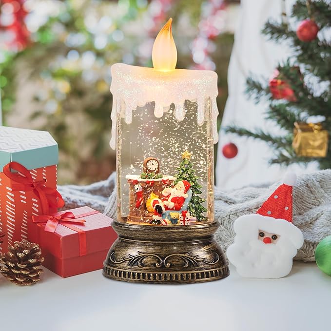 GenSwin Christmas Snow Globes with Music USB Rechargable Cable and Timer, Christmas Lantern Decorations Indoor, 1 Pcs Christmas Music Box with Red Santa and Fireplace for Winter Decor