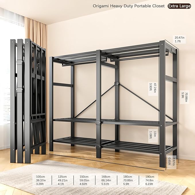 Heavy Duty Portable Closet with Cover Magnetic Doors, Metal Rolling Clothes Rack Heavy Duty 1500LBS, Foldable Clothing Rack, Garment Racks for Bedroom/LivingRoom/Rental (KT Grey, 49.21in)