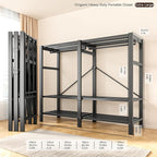 Heavy Duty Portable Closet with Cover Magnetic Doors, Metal Rolling Clothes Rack Heavy Duty 1500LBS, Foldable Clothing Rack, Garment Racks for Bedroom/ LivingRoom/ Rental (KT Woodgrain Black, 59.05in)