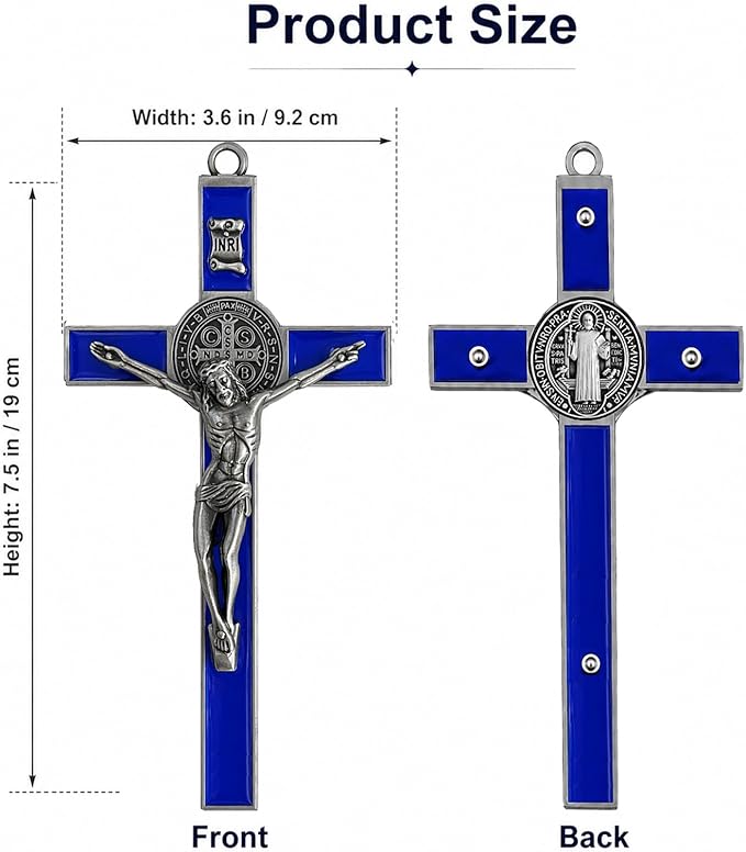TALPGOD St Benedict Crucifix Silver Blue 7.2 Inch,Crucifix Wall Cross for Catholic Decor,Jesus Christ Hanging Cross Wall Art Decor,Escapularios Catolicos,Saint Benedict Medal for Home Decoration