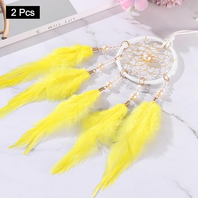uxcell 2pcs Dream Catchers, Small Handmade Feather Dreamcatcher Supplies Car Charm with Crystal Beads Wall Hanging Decor for Home Car Decoration Ornament Women Friend Gift, Yellow