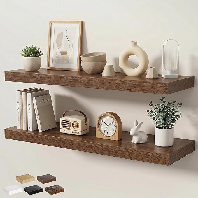 Floating Shelves for Wall 40 in x 9.3 in Deep, Wall Mounted Rustic Wood Shelf with Invisible Brackets for Storage & Display, Living Room Bedroom Bathroom, Walnut, 2 Pack
