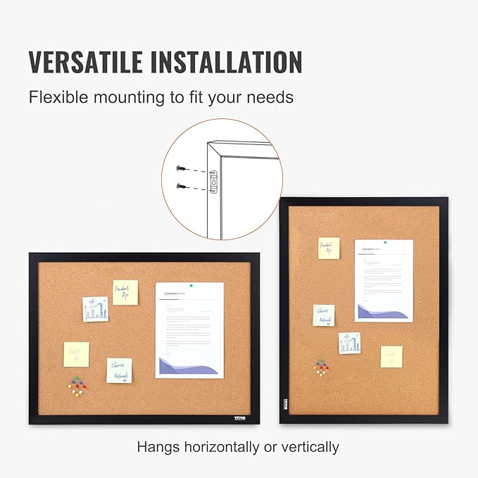 VEVOR 24 x 36 Cork Board, Large Bulletin Board with Black MDF Frame, Wall Mounted Pin Board for Office, School and Home Decor, Hanging Message Board for Pictures and Notes, 10 Push Pins Included