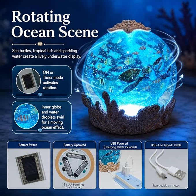 Starfish Night Light Ocean Decoration with 6H Timer, USB & Battery Powered, Rotating Ocean Scene Star Fish Snow Globe with Sea Turtle and Fish for Kids Adults Bedroom Living Room Decor (Starfish)